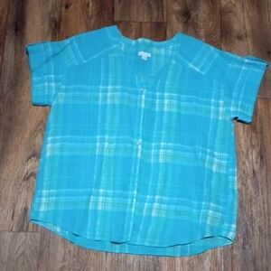 J. Jill Womens Turquoise Plaid Button Down Shirt